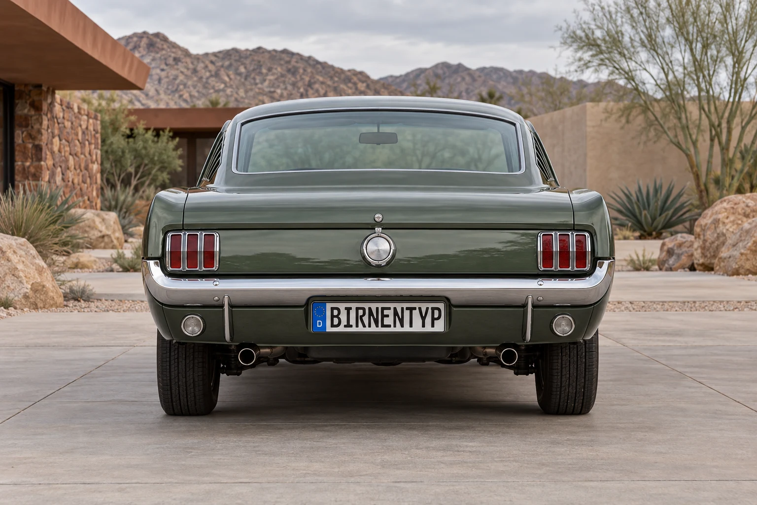 Heck-Ansicht des Ford Mustang / T5 1 (mit KI erzeugt)