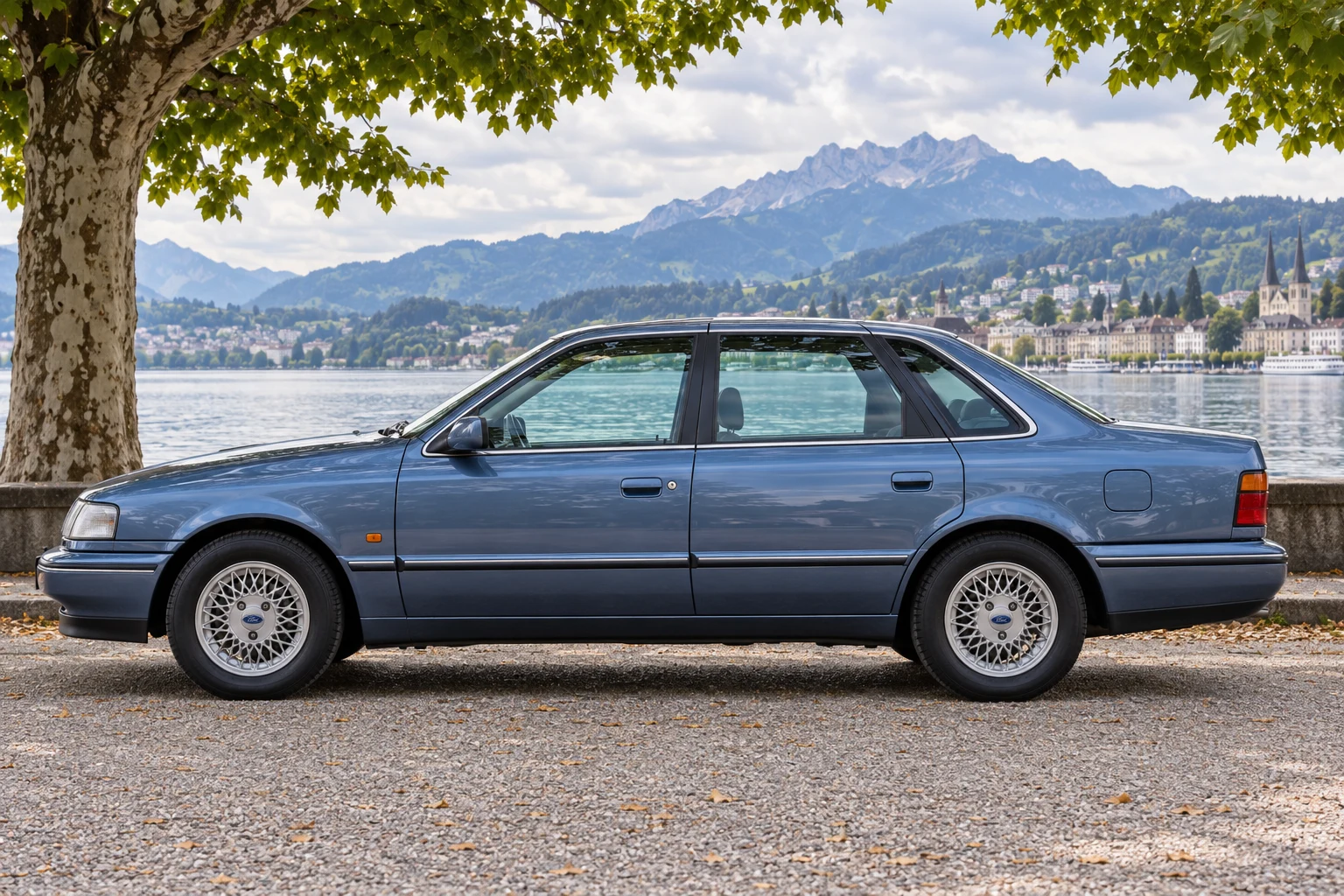 Seitenansicht (Fahrerseite) des Ford Scorpio 1 als Stufenheck (Sedan 4-türig) (mit KI erzeugt)