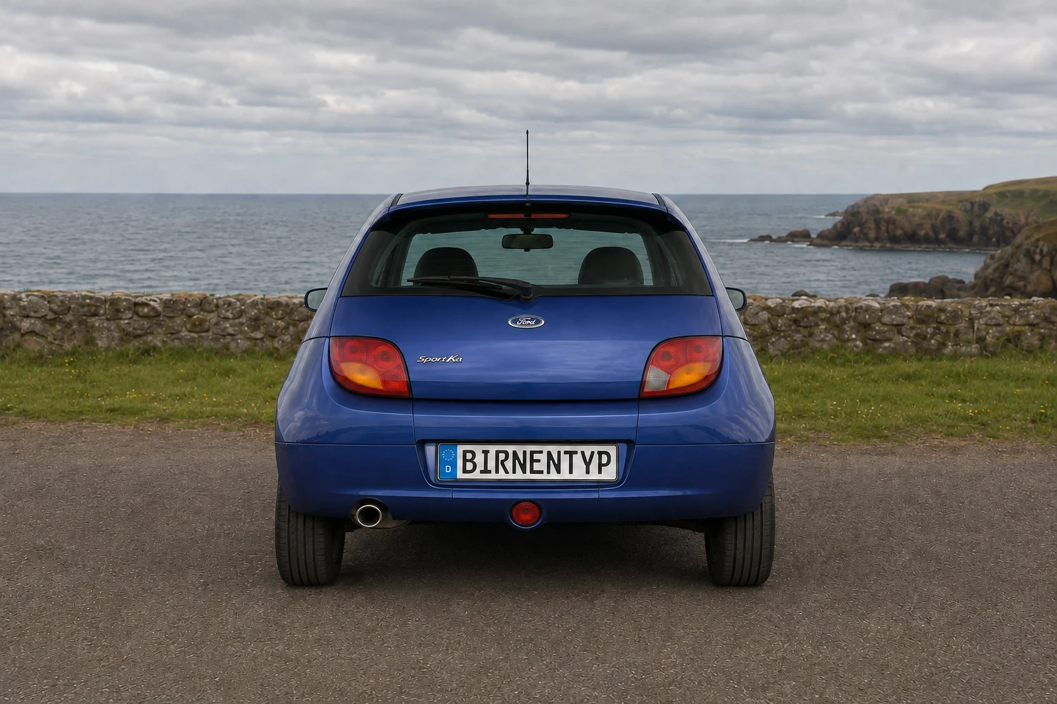 Heck-Ansicht des Ford Ka 1. Gen (SportKa (1.6 8V)) (mit KI erzeugt)