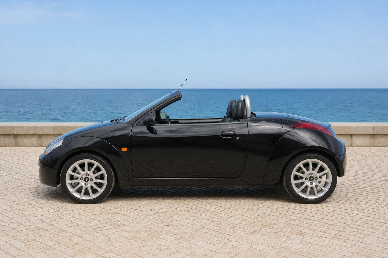 Seitenansicht (Fahrerseite) des Ford Street Ka 1 als Roadster (Cabriolet 2-Sitzer) (mit KI erzeugt)