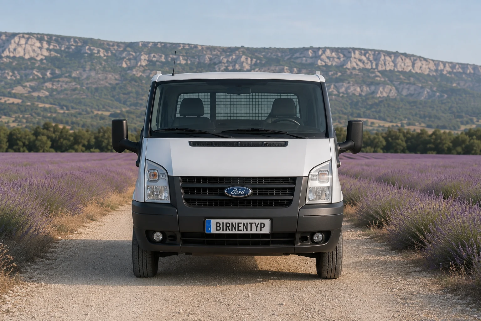 Frontansicht des Ford Transit 6. Gen (Pritsche / Fahrgestell) (mit KI erzeugt)