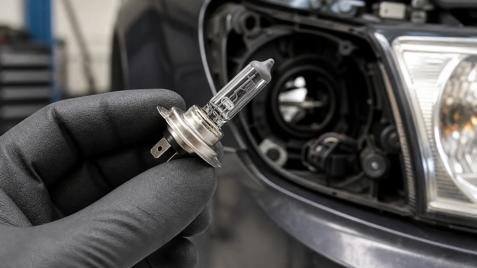 H7-Birne beim Wechsel am geöffneten Autoscheinwerfer