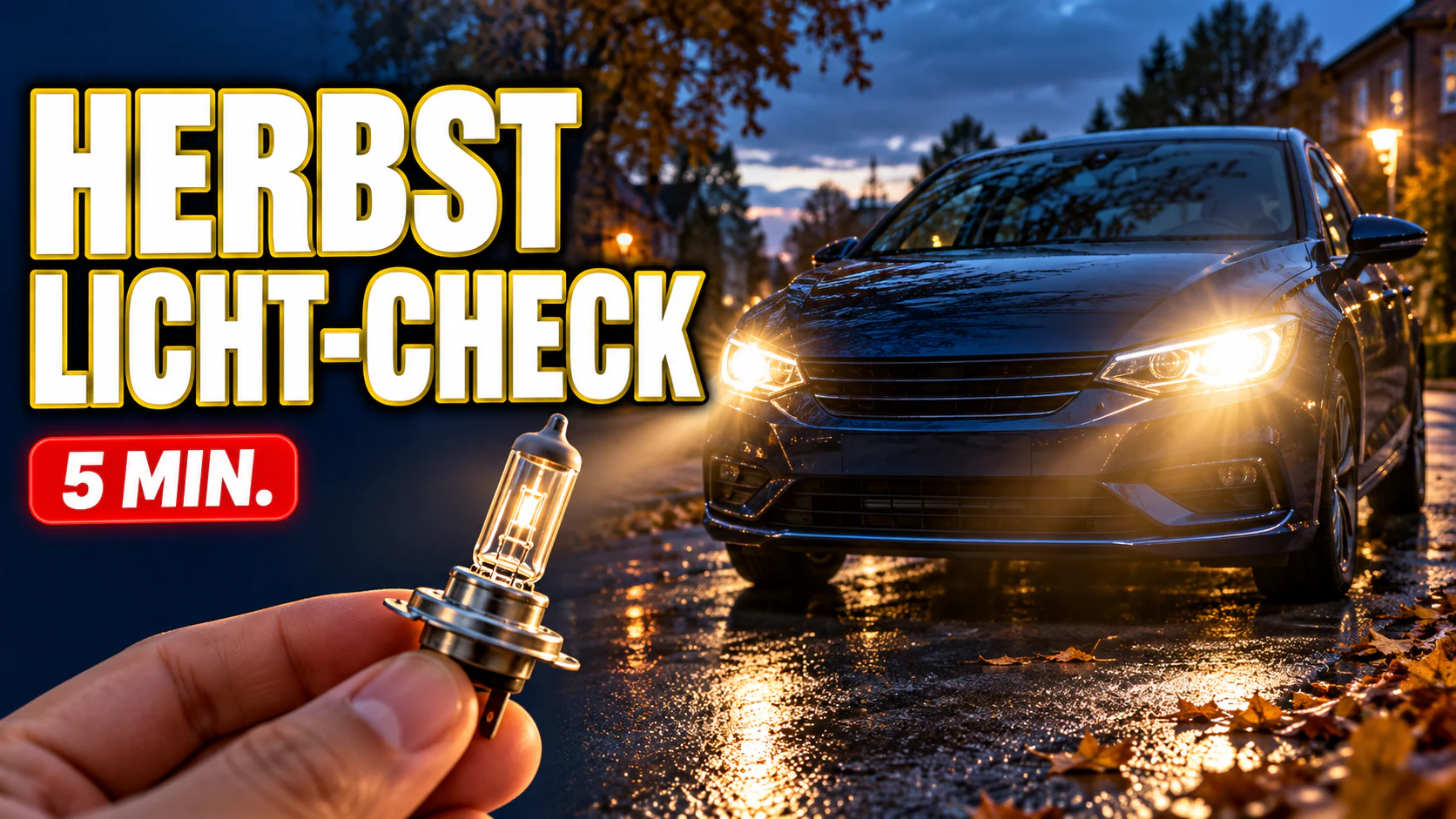 KI-generiertes Thumbnail: dunkles Auto mit eingeschalteten Scheinwerfern, H7-Lampe und Aufschrift Herbst Licht-Check – 5 Min. (mit KI erzeugt)