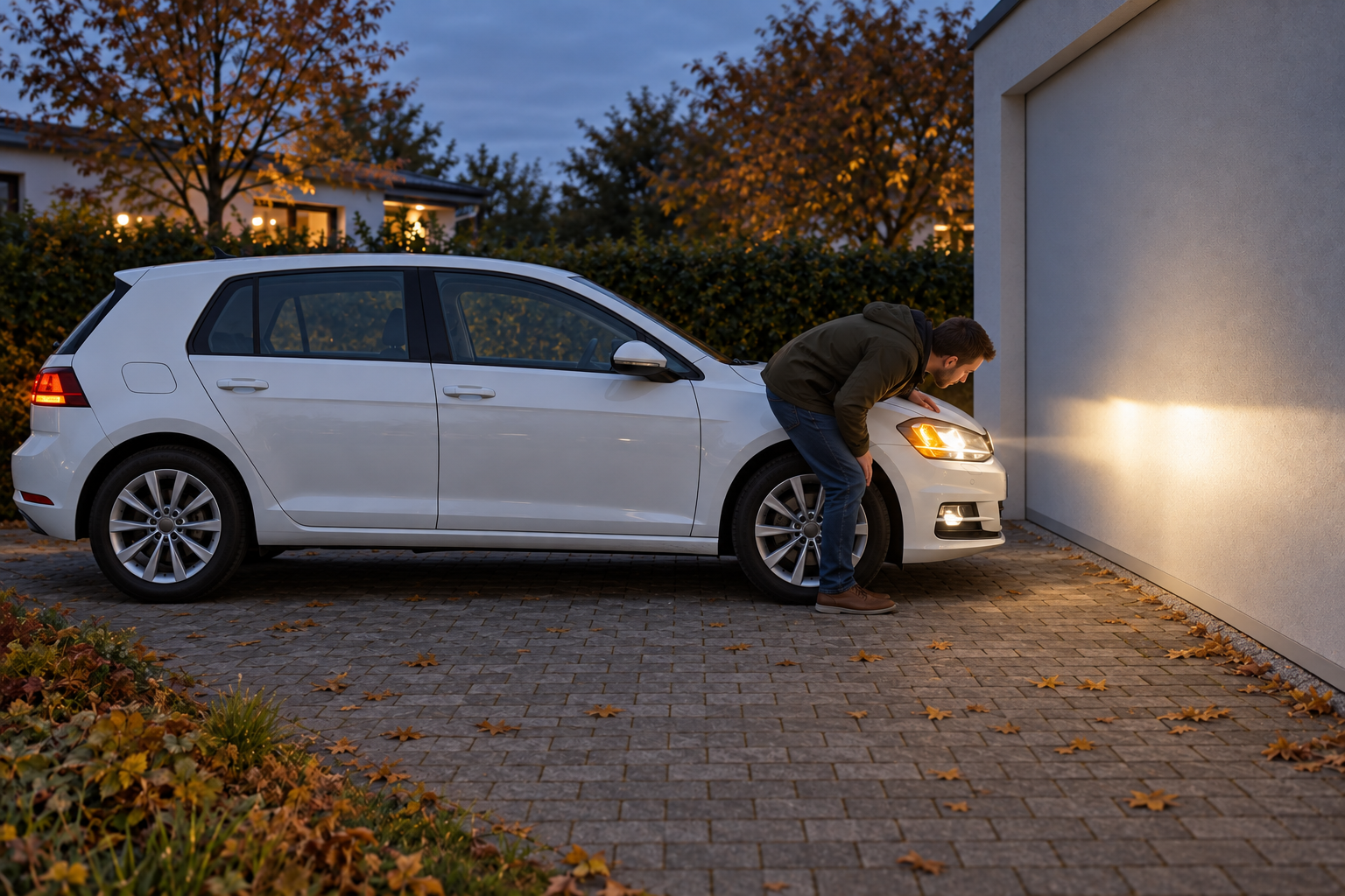 Eine Person prüft den eingeschalteten linken Scheinwerfer eines weißen Autos, das rechtwinklig vor einer hellen Garagenwand steht; der linke Blinker leuchtet.