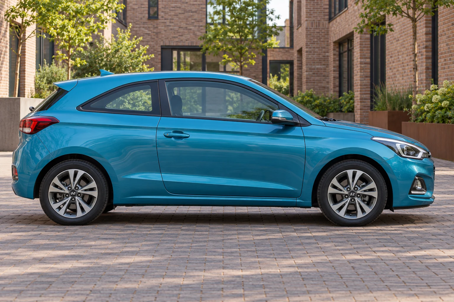 Seitenansicht (Fahrerseite) des Hyundai i20 2 als 3-Türer Coupé (mit KI erzeugt)