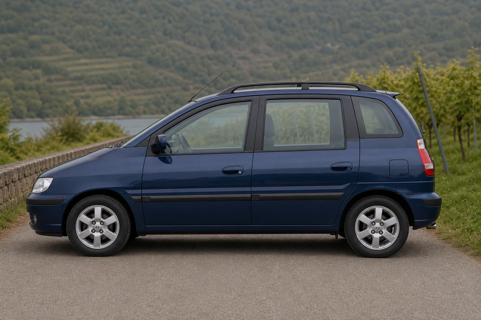 Seitenansicht (Fahrerseite) des Hyundai Matrix 1 als Kompaktvan (mit KI erzeugt)