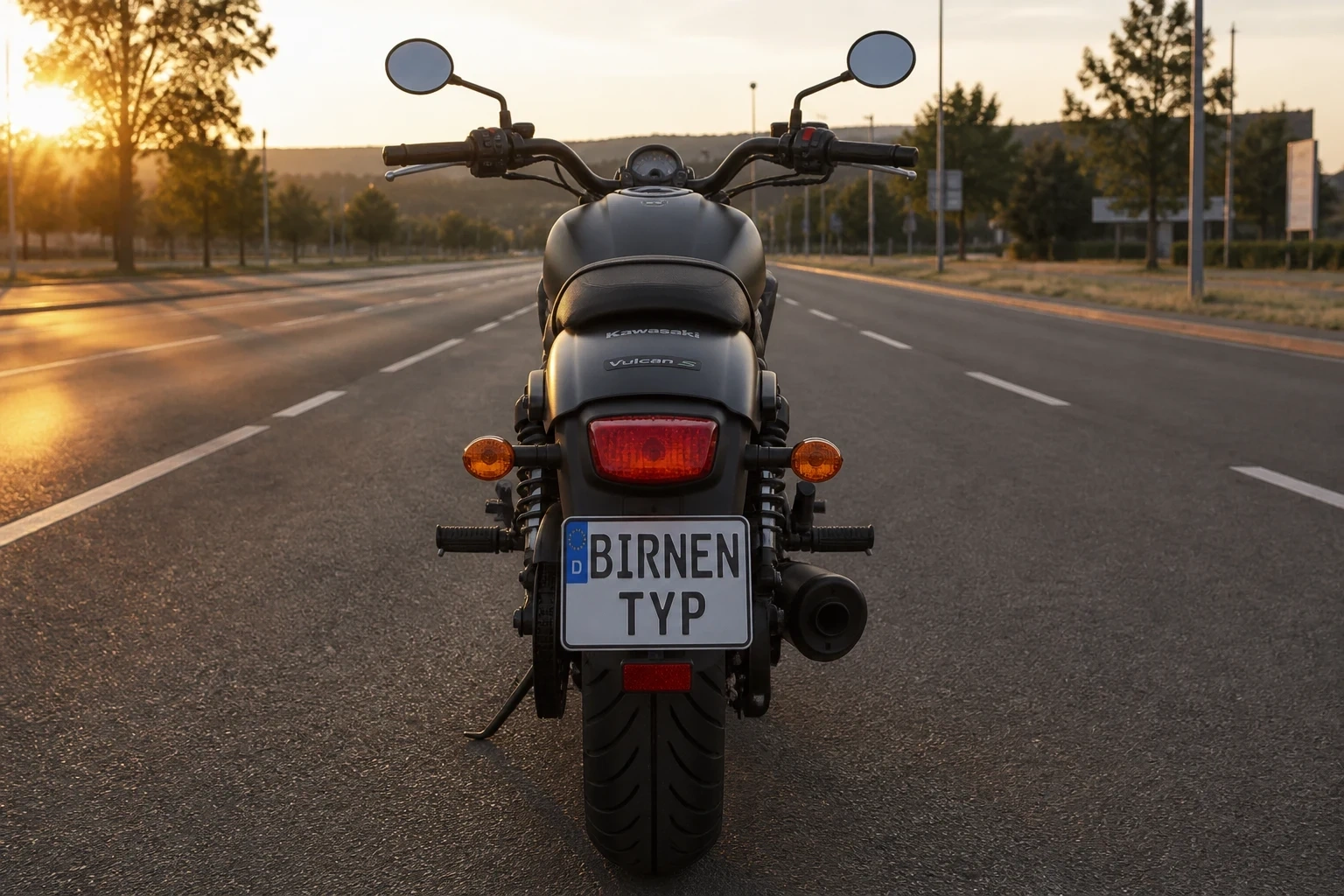 Heck-Ansicht der Kawasaki Vulcan-S (Typ: EN650D (& -DA2/-J & -JA2), seit 2015) (mit KI erzeugt)