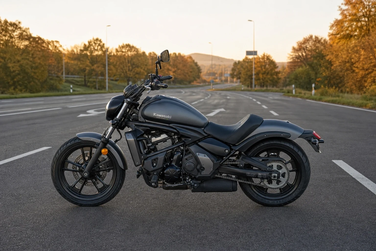 Seitenansicht (Fahrerseite) der Kawasaki Vulcan-S (Typ: EN650D (& -DA2/-J & -JA2), seit 2015) als Cruiser (mit KI erzeugt)