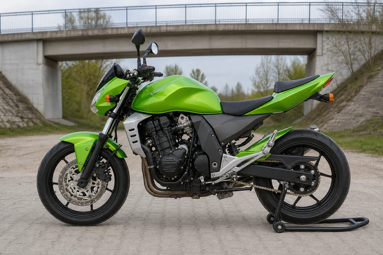 Seitenansicht (Fahrerseite) der Kawasaki Z-1000 als Naked Bike (mit KI erzeugt)