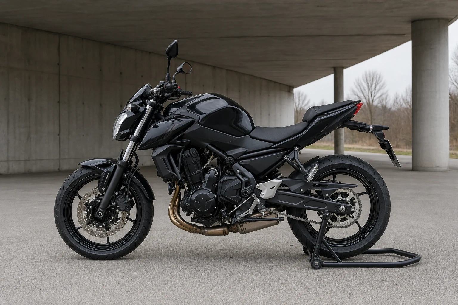 Seitenansicht (Fahrerseite) der Kawasaki Z-650 als Naked Bike (mit KI erzeugt)