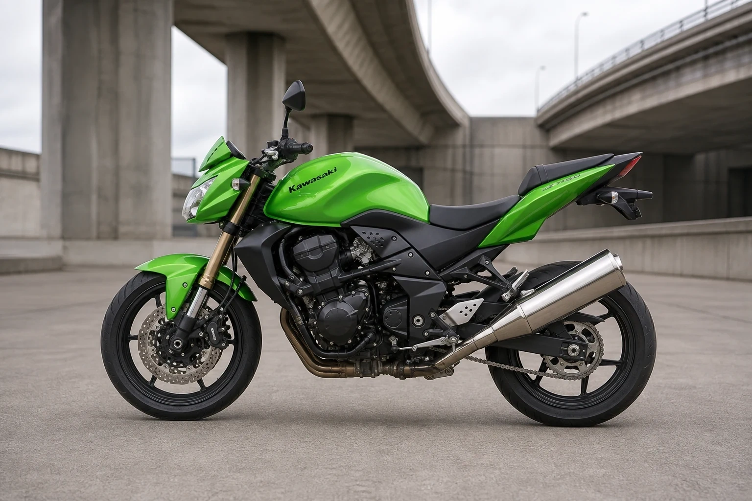 Seitenansicht (Fahrerseite) der Kawasaki Z-750 als Naked Bike (mit KI erzeugt)