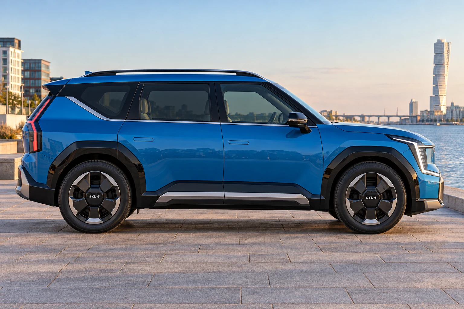 Seitenansicht (Fahrerseite) des Kia EV9 1 als Großraum-Elektro-SUV (6/7-Sitzer) (mit KI erzeugt)