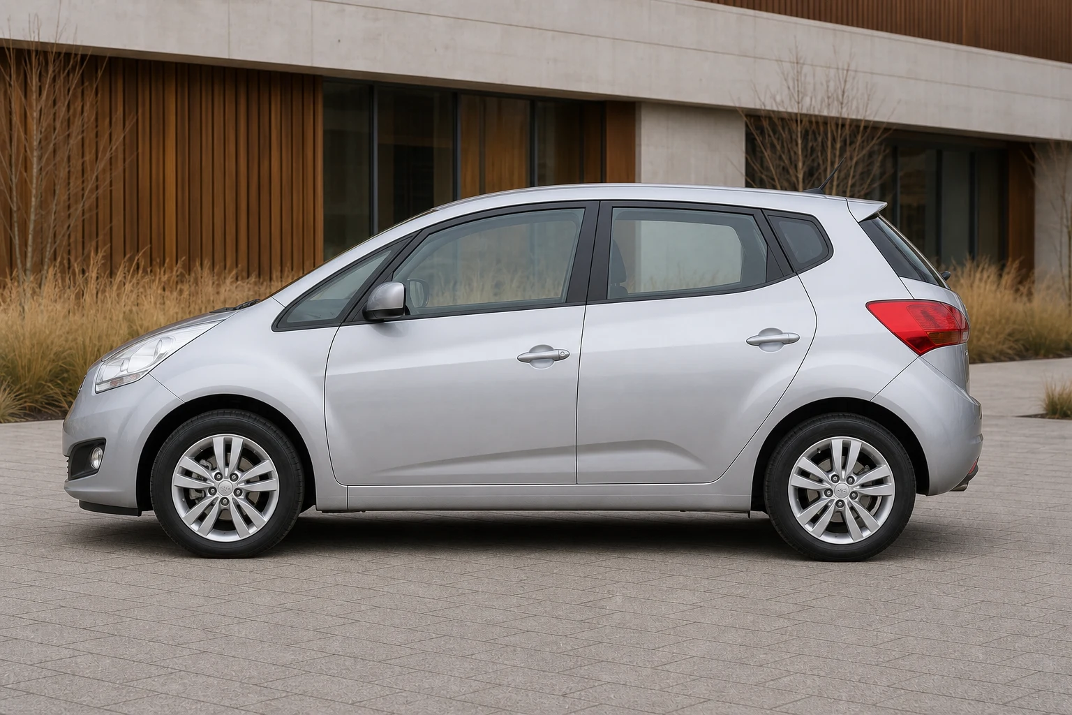 Seitenansicht (Fahrerseite) des Kia Venga 1 als Van (mit KI erzeugt)