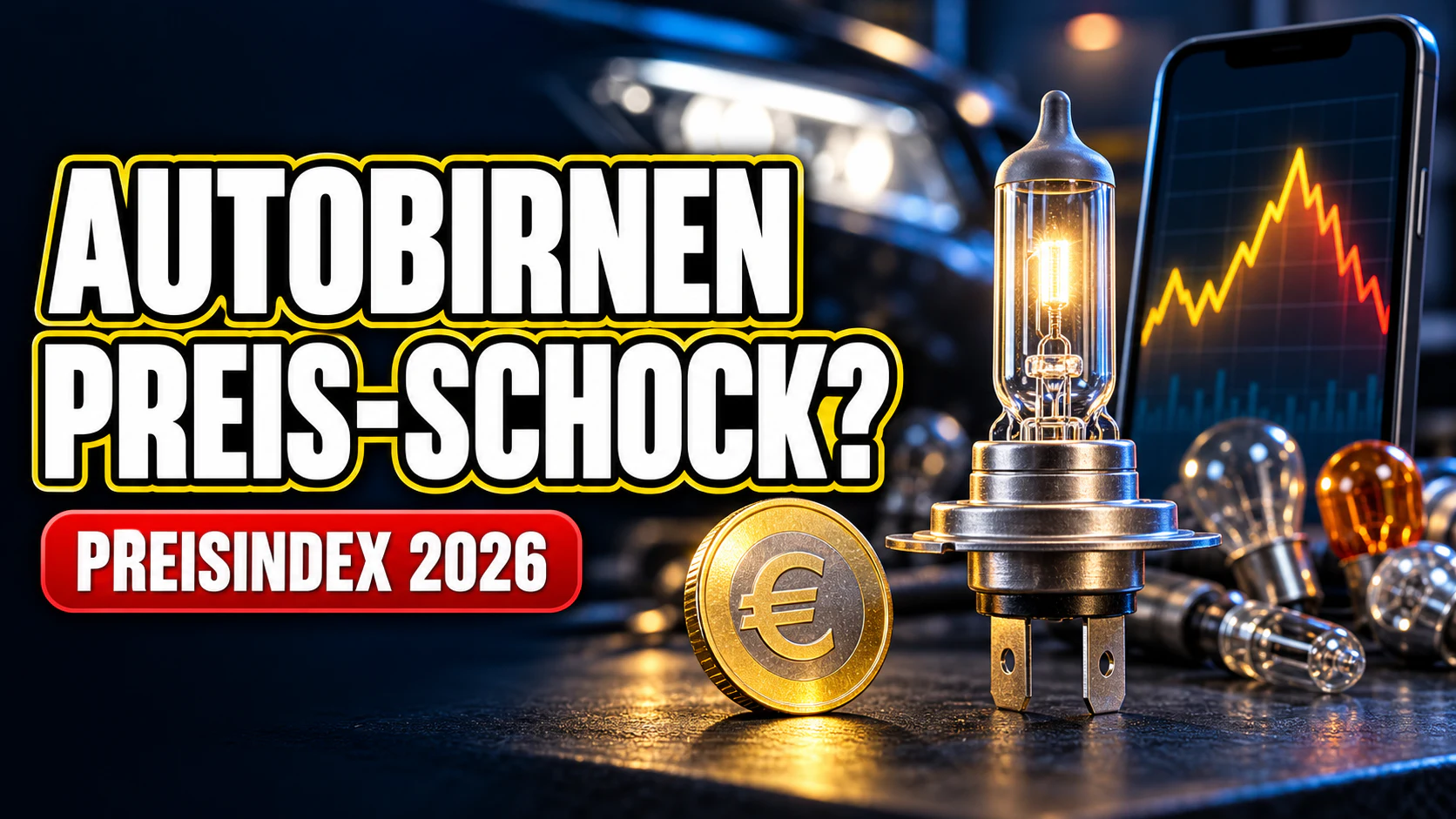 KI-generiertes Titelbild: H7-Autobirne neben einer Euro-Münze und weiteren Leuchtmitteln, dazu die Aufschrift Autobirnen Preis-Schock? (mit KI erzeugt)