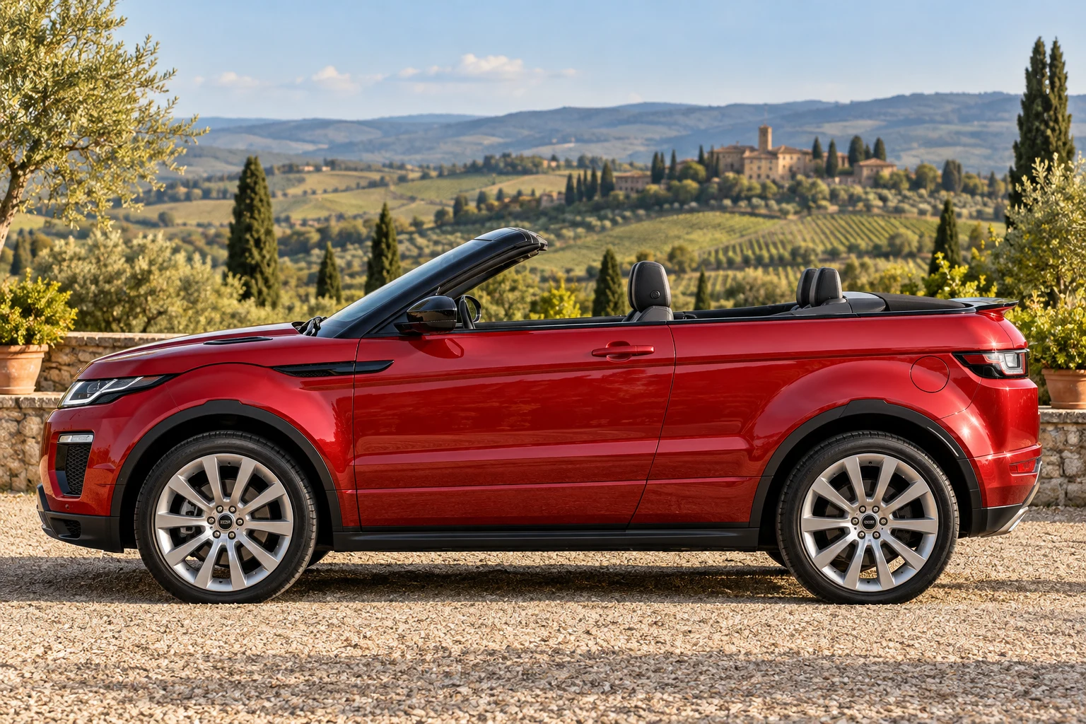 Seitenansicht (Fahrerseite) des Land Rover Range Rover Evoque 1 als Cabriolet (mit KI erzeugt)
