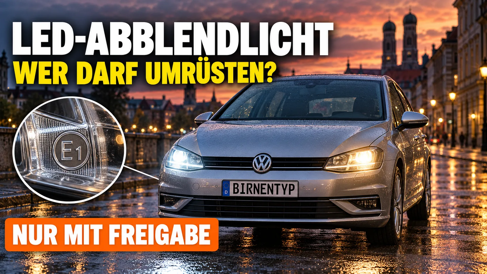 KI-generiertes Thumbnail: silberner VW Golf 7 bei Dämmerung auf nasser Straße, linker Scheinwerfer mit weißem LED-Licht, rechter mit gelblichem Halogenlicht, Lupe auf ein E1-Prüfzeichen am Scheinwerfer, Aufschrift LED-Abblendlicht – Wer darf umrüsten? – Nur mit Freigabe (mit KI erzeugt)