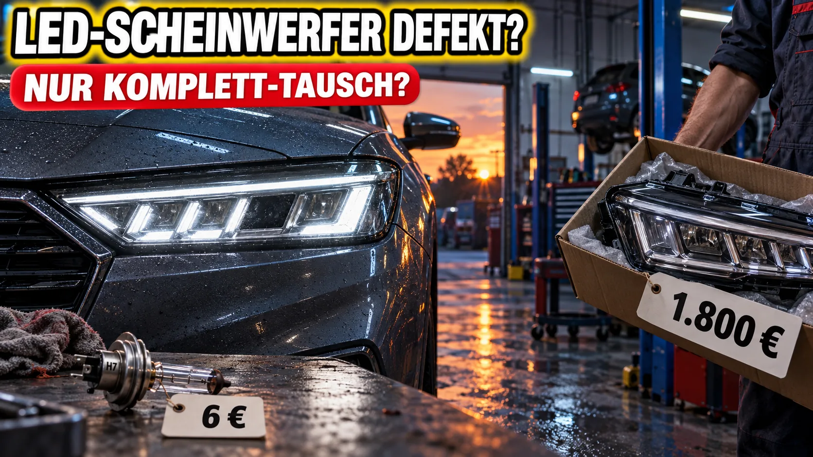 KI-generiertes Titelbild: ein moderner Voll-LED-Scheinwerfer in der Werkstatt, daneben ein kompletter Austauschscheinwerfer im Karton mit symbolischem Preisschild 1.800 Euro und eine H7-Halogenbirne mit Preisschild 6 Euro; Schriftzug: LED-Scheinwerfer defekt? Nur Komplett-Tausch? (mit KI erzeugt)