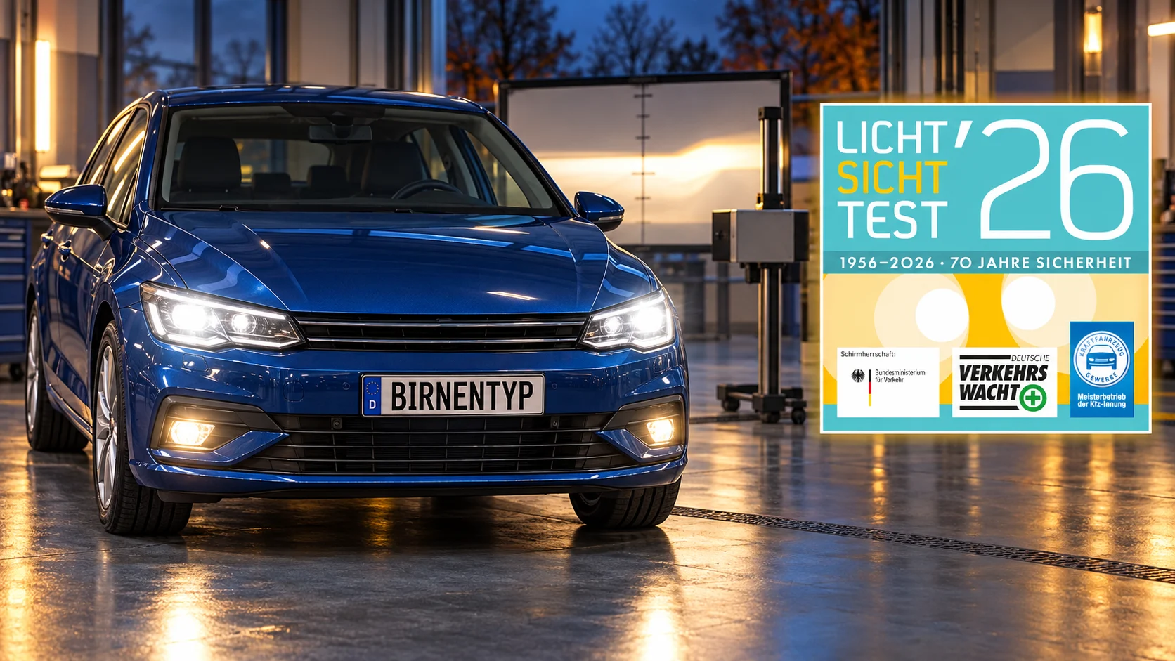 KI-generiertes YouTube-Thumbnail: ein dunkelblaues Auto mit leuchtenden Scheinwerfern und Nebelscheinwerfern vor einem Scheinwerfereinstellgerät; rechts die offizielle Plakette zum Licht-Sicht-Test 2026. (mit KI erzeugt)