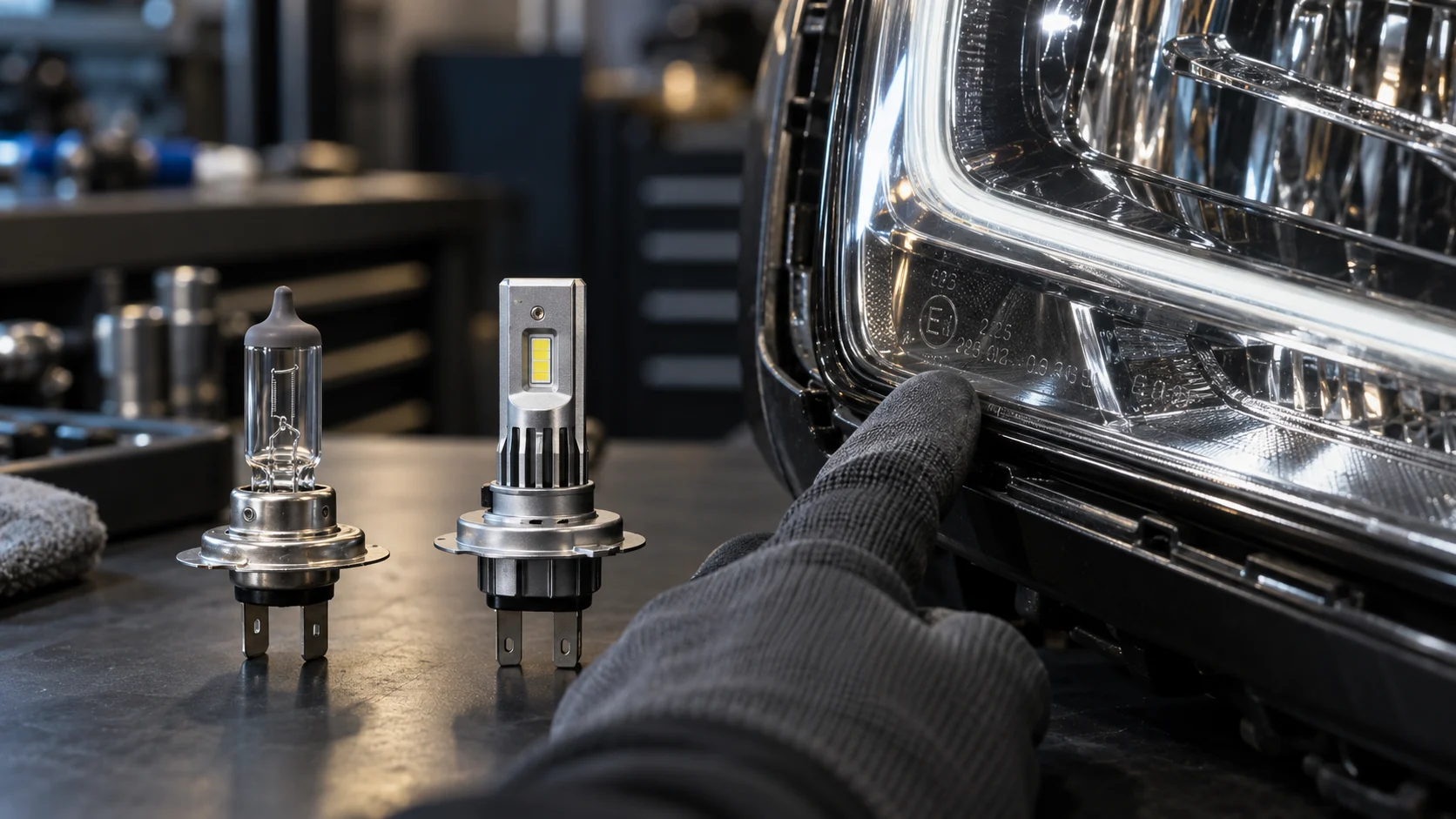 Eine H7-Halogenbirne und eine H7-LED-Nachrüstlampe stehen vor einem Scheinwerfer, dessen eingeprägter Genehmigungsbereich mit einem Handschuh gezeigt wird. (mit KI erzeugt)