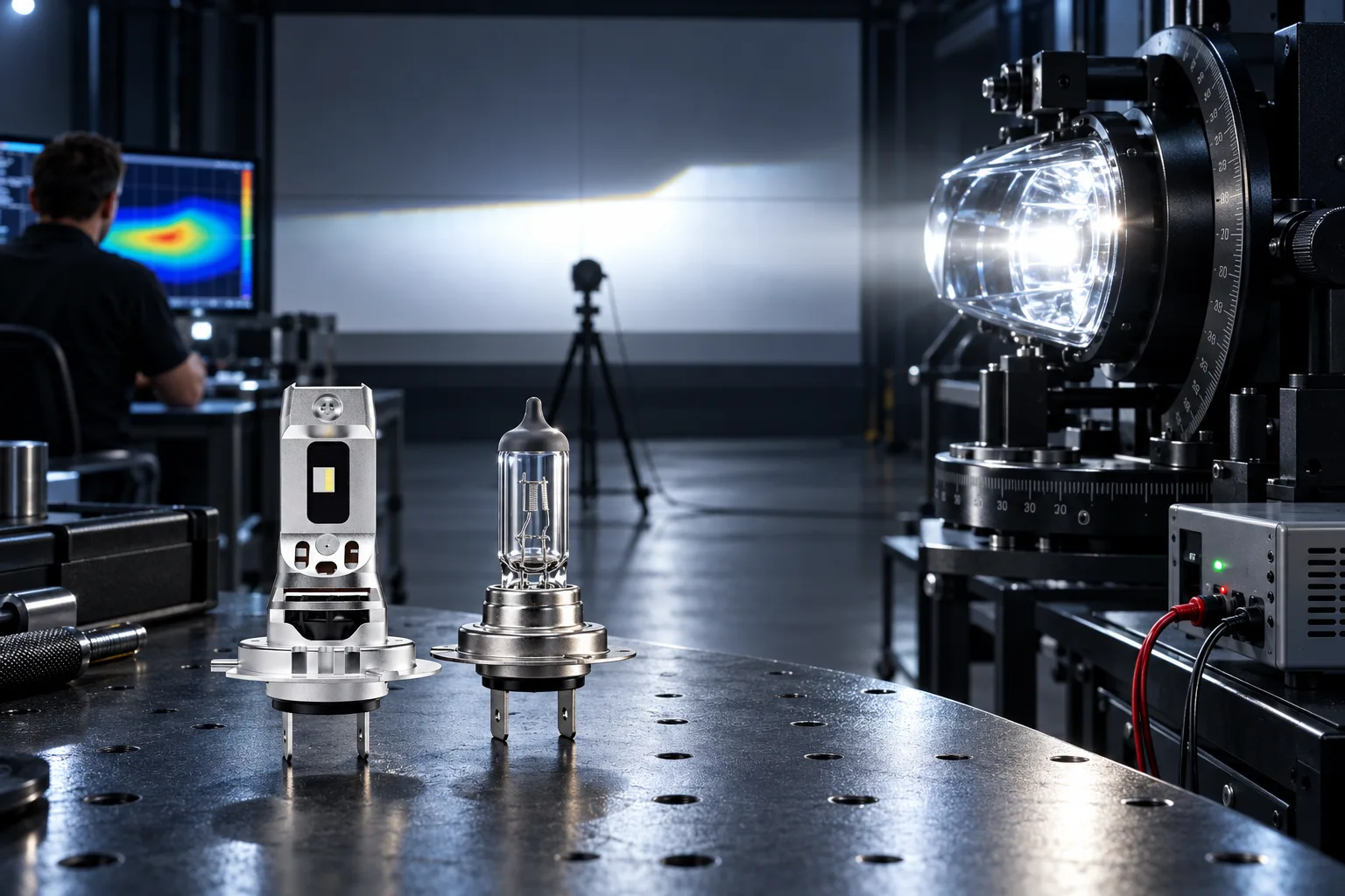 Ein Scheinwerfer auf einem Goniophotometer in einem dunklen Lichtlabor wirft seine Hell-Dunkel-Grenze auf eine entfernte Messwand, ein Techniker beobachtet die Lichtverteilung am Monitor; im Vordergrund stehen eine H7-LED-Nachrüstlampe und eine H7-Halogenlampe nebeneinander auf dem Messtisch (mit KI erzeugt)