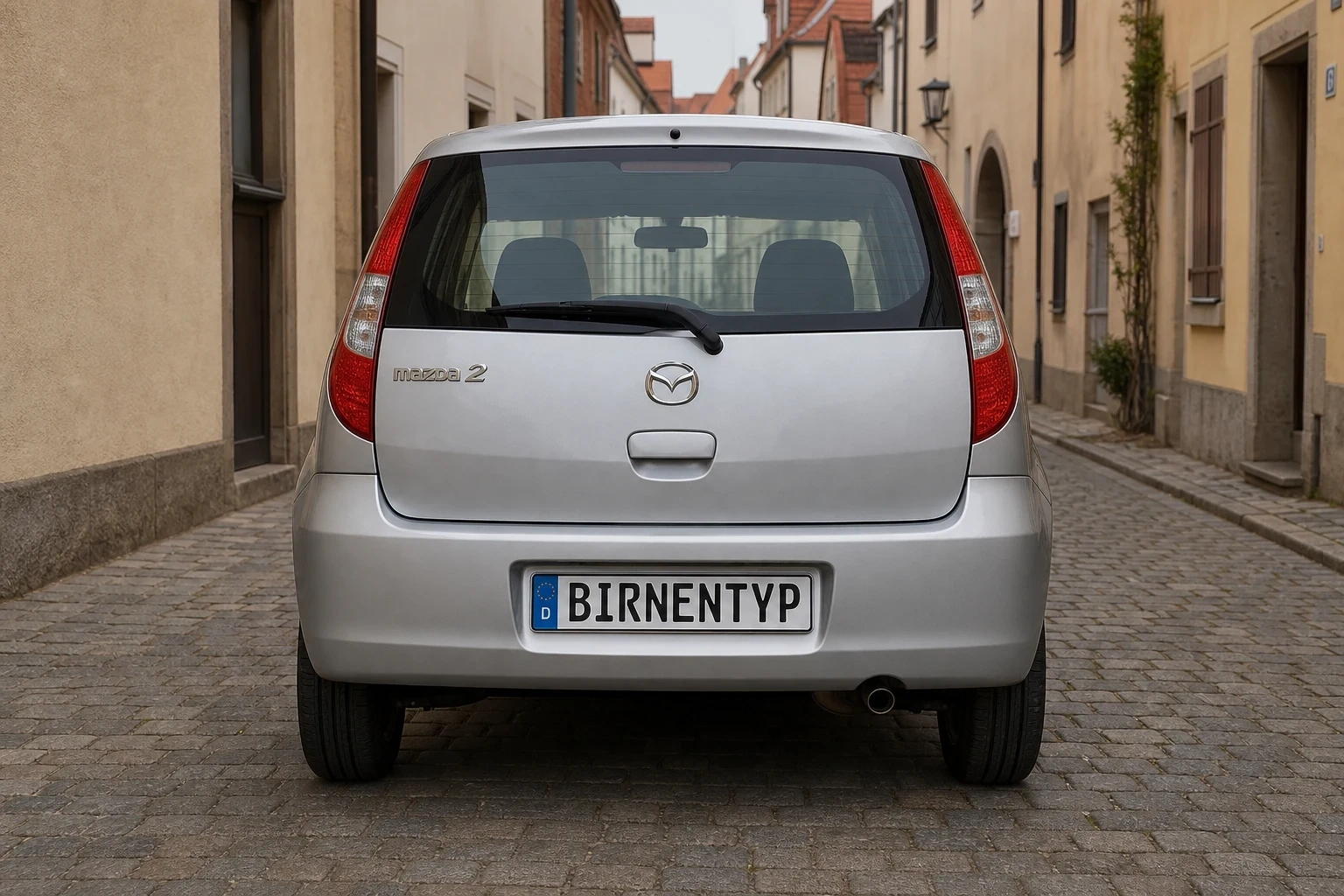 Heck-Ansicht des Mazda 2 1. Gen (mit KI erzeugt)