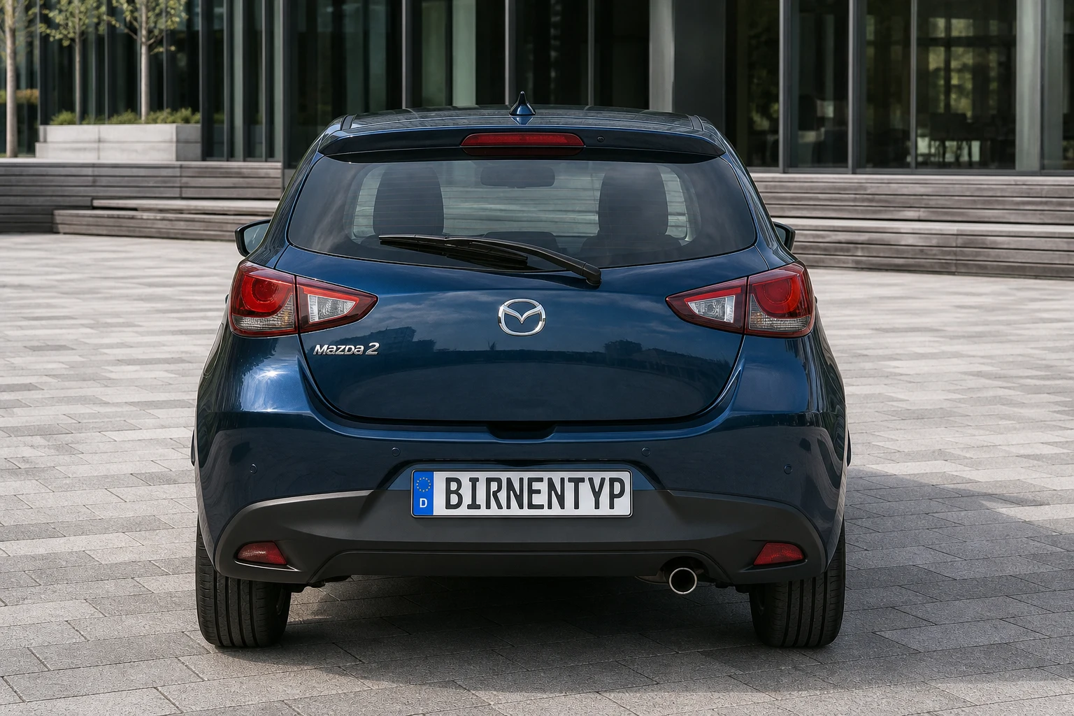 Heck-Ansicht des Mazda 2 3. Gen (Schrägheck 5-Türer) (mit KI erzeugt)