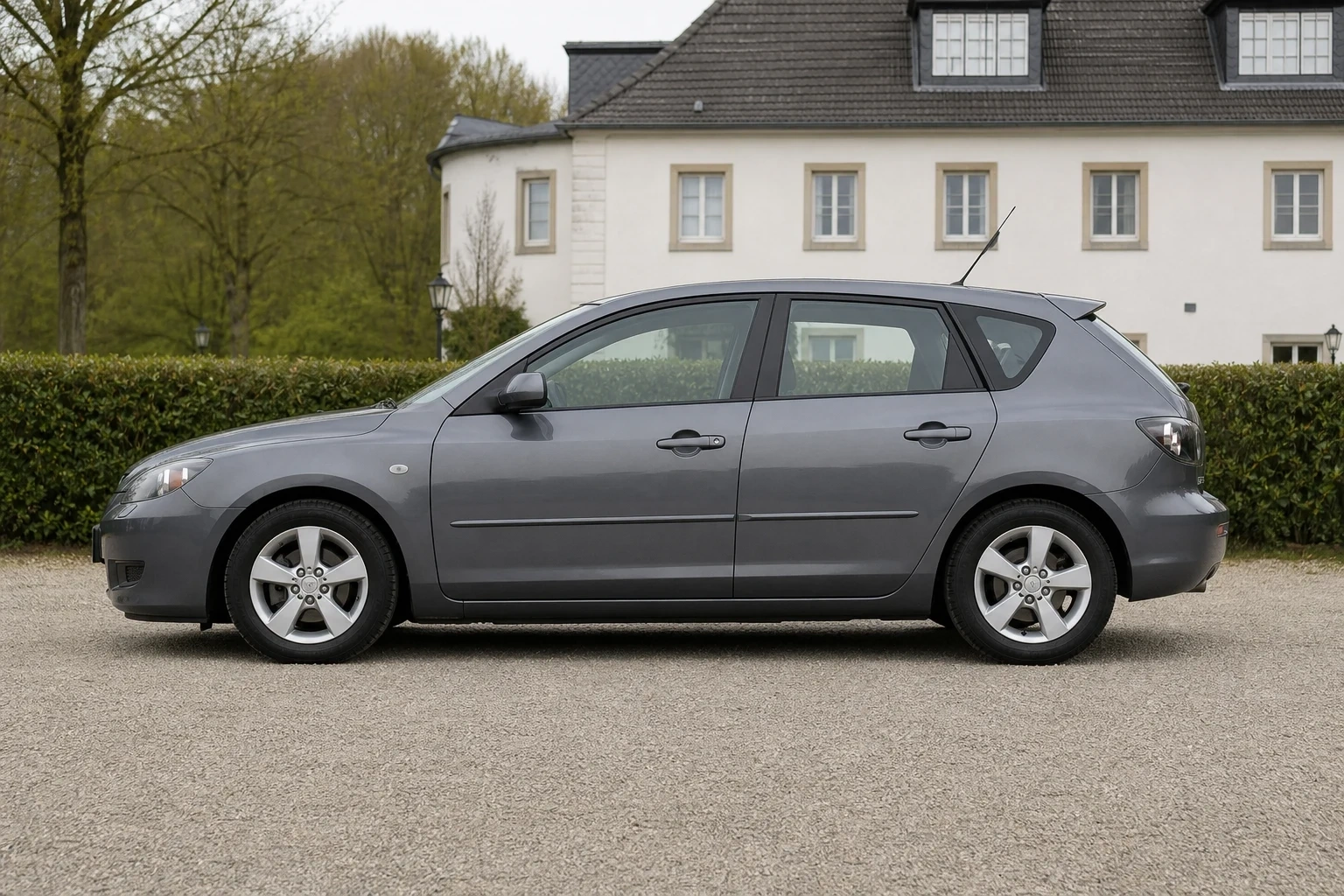 Seitenansicht (Fahrerseite) des Mazda 3 1. Gen als 3-, 5-Türer (mit KI erzeugt)