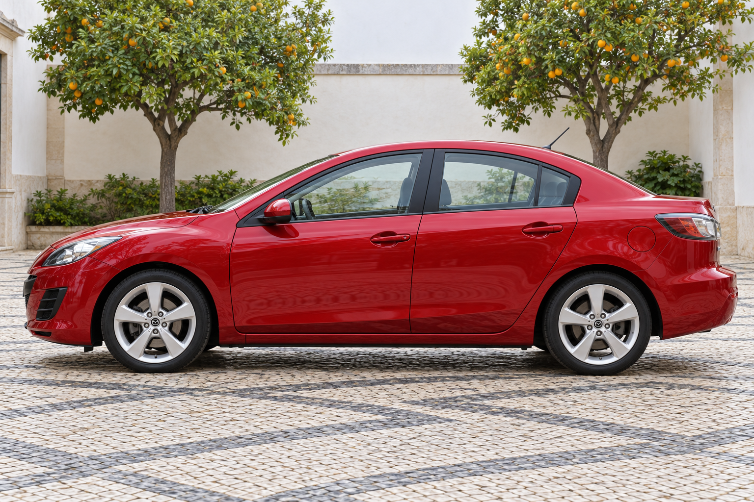 Seitenansicht (Fahrerseite) des Mazda 3 3 als Stufenheck 4-Türer (Sedan) (mit KI erzeugt)
