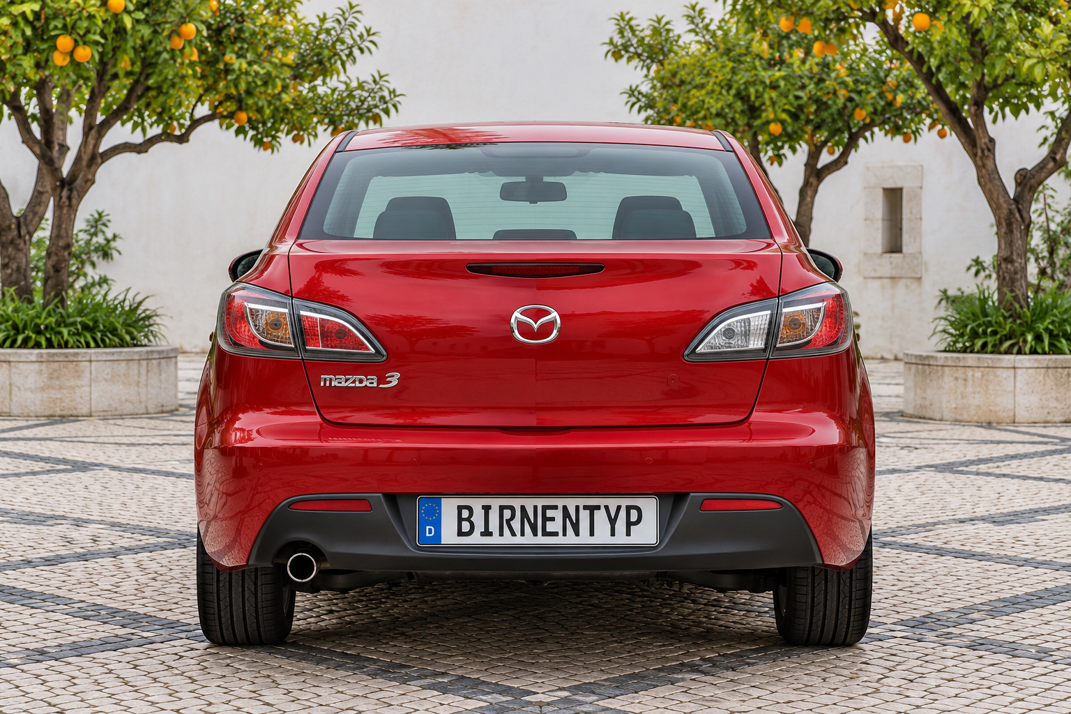 Heck-Ansicht des Mazda 3 3 (Stufenheck 4-Türer (Sedan)) (mit KI erzeugt)