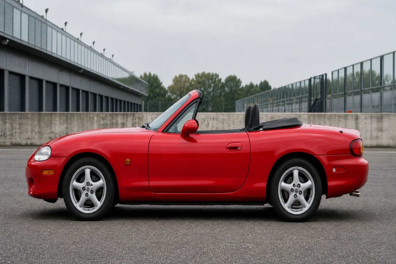 Seitenansicht (Fahrerseite) des Mazda MX-5 / Miata 2. Gen als Roadster (mit KI erzeugt)