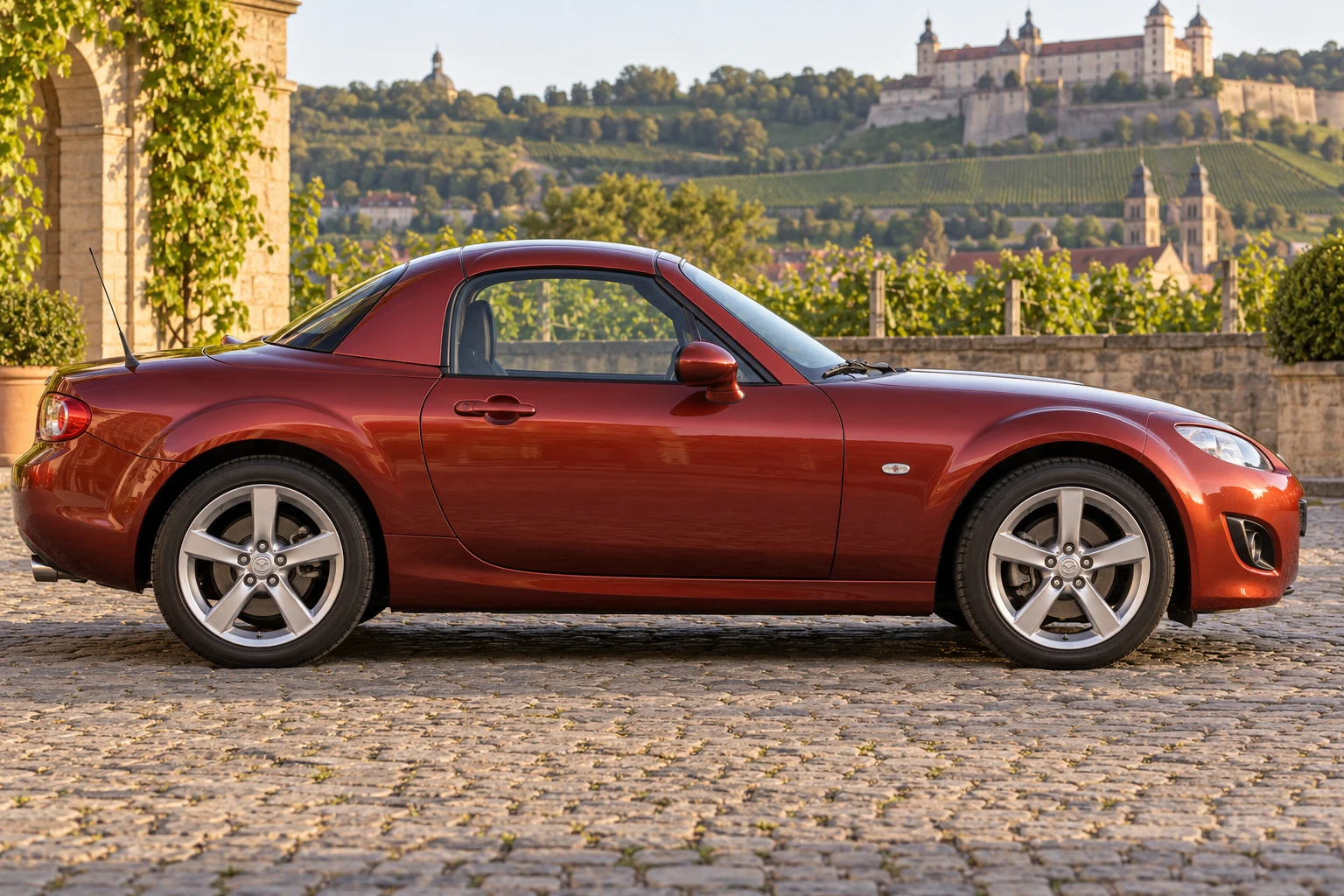 Seitenansicht (Fahrerseite) des Mazda MX-5 / Miata 3 als Roadster Coupe (Elektrisches Klapp-Hardtop RC) (mit KI erzeugt)