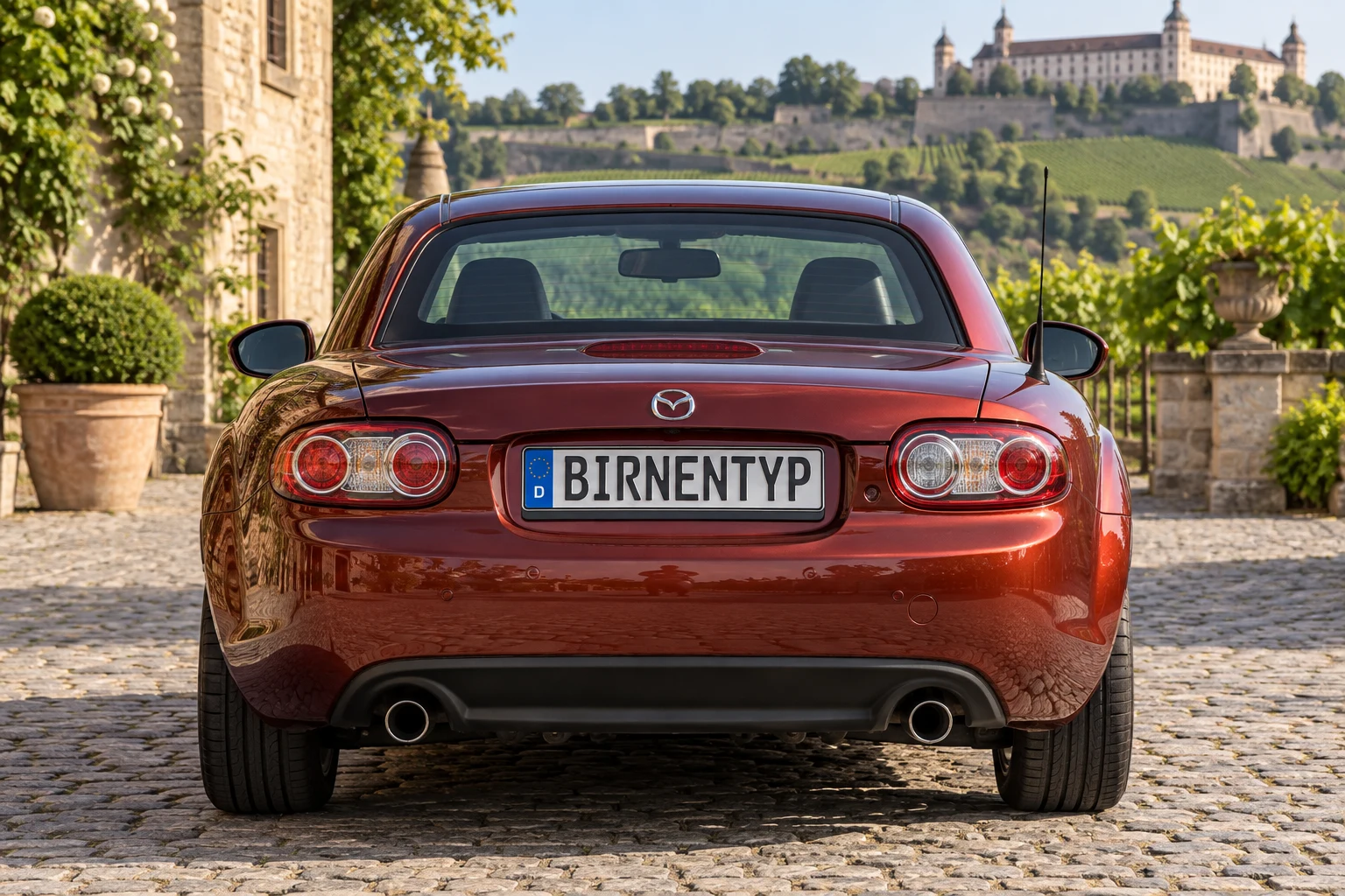 Heck-Ansicht des Mazda MX-5 / Miata 3 (Roadster Coupe (Elektrisches Klapp-Hardtop RC)) (mit KI erzeugt)