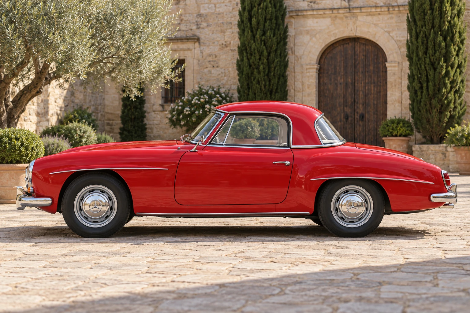Seitenansicht (Fahrerseite) des Mercedes-Benz SL Roadster 1 als 190 SL Coupé mit abnehmbarem Hardtop (W121 B II) (mit KI erzeugt)