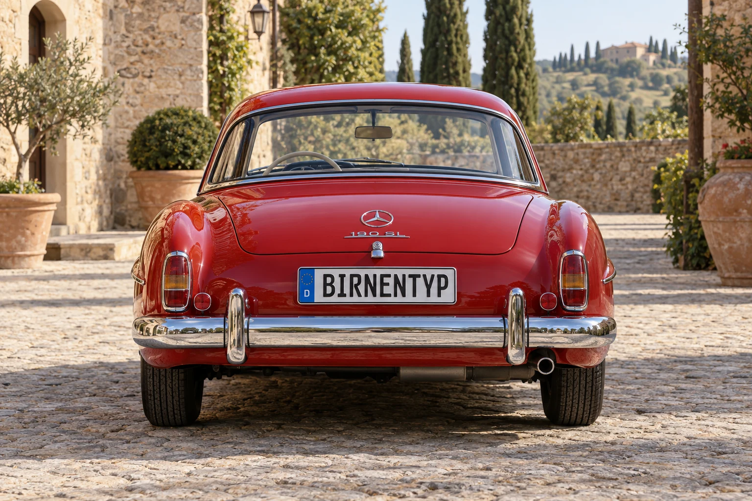 Heck-Ansicht des Mercedes-Benz SL Roadster 1 (190 SL Coupé mit abnehmbarem Hardtop (W121 B II)) (mit KI erzeugt)
