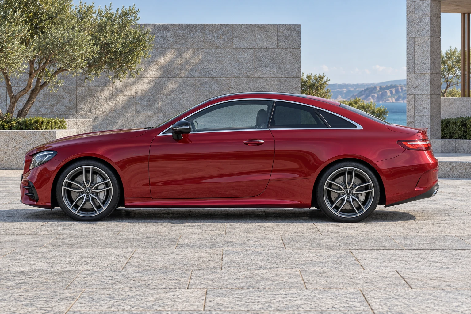 Seitenansicht (Fahrerseite) des Mercedes-Benz E-Klasse 5 als Mercedes-AMG E 53 / E 63 S 4MATIC+ (mit KI erzeugt)