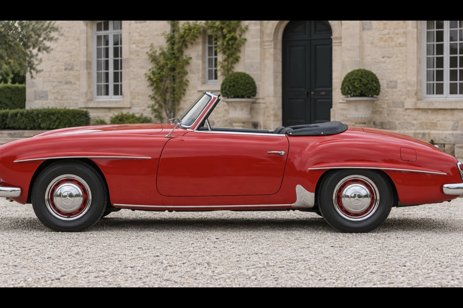 Seitenansicht (Fahrerseite) des Mercedes-Benz SL Roadster 1 als 190 SL Roadster mit Stoffverdeck (W121 B II) (mit KI erzeugt)