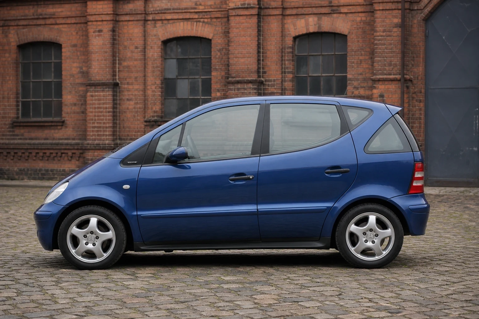 Seitenansicht (Fahrerseite) des Mercedes-Benz A-Klasse 1. Gen als 5-Türer (mit KI erzeugt)