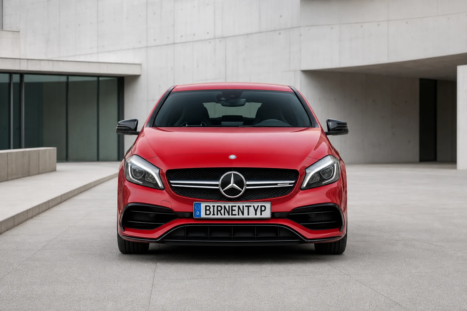 Frontansicht des Mercedes-Benz A-Klasse 3. Gen (Mercedes-AMG A 45 4MATIC) (mit KI erzeugt)