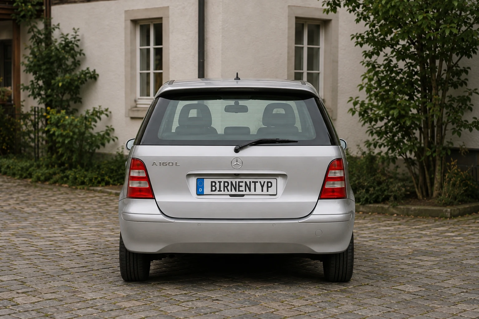 Heck-Ansicht des Mercedes-Benz A-Klasse 1 (Langversion L (V168)) (mit KI erzeugt)