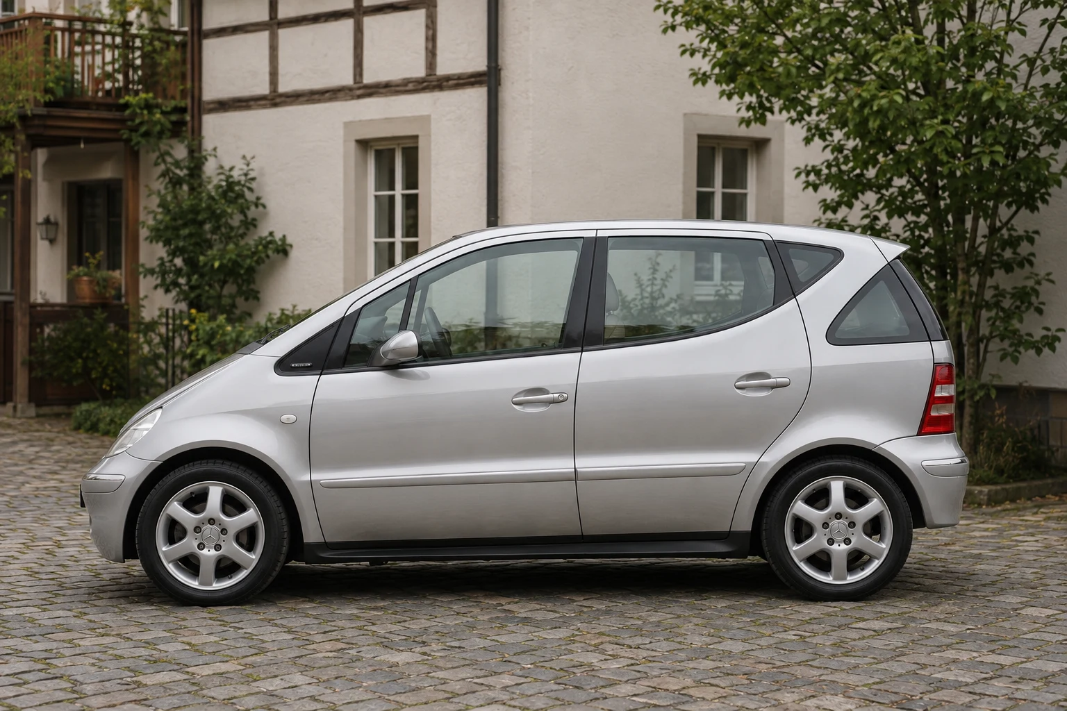 Seitenansicht (Fahrerseite) des Mercedes-Benz A-Klasse 1 als Langversion L (V168) (mit KI erzeugt)