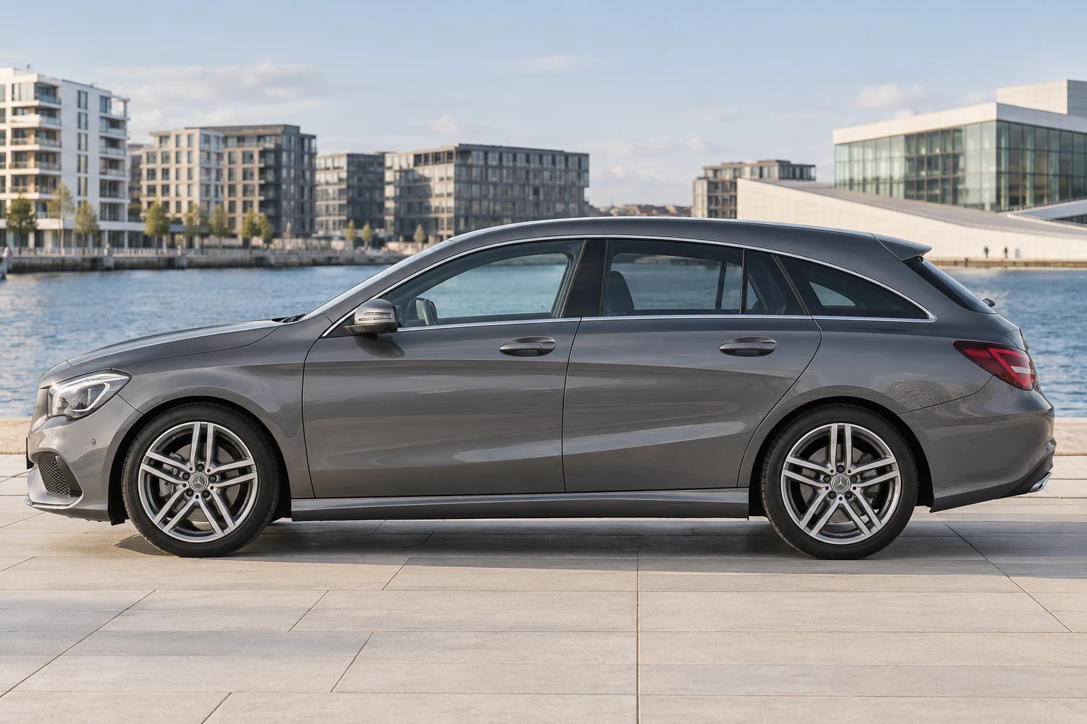Seitenansicht (Fahrerseite) des Mercedes-Benz CLA 1 als Shooting Brake 5-Türer (X117) (mit KI erzeugt)