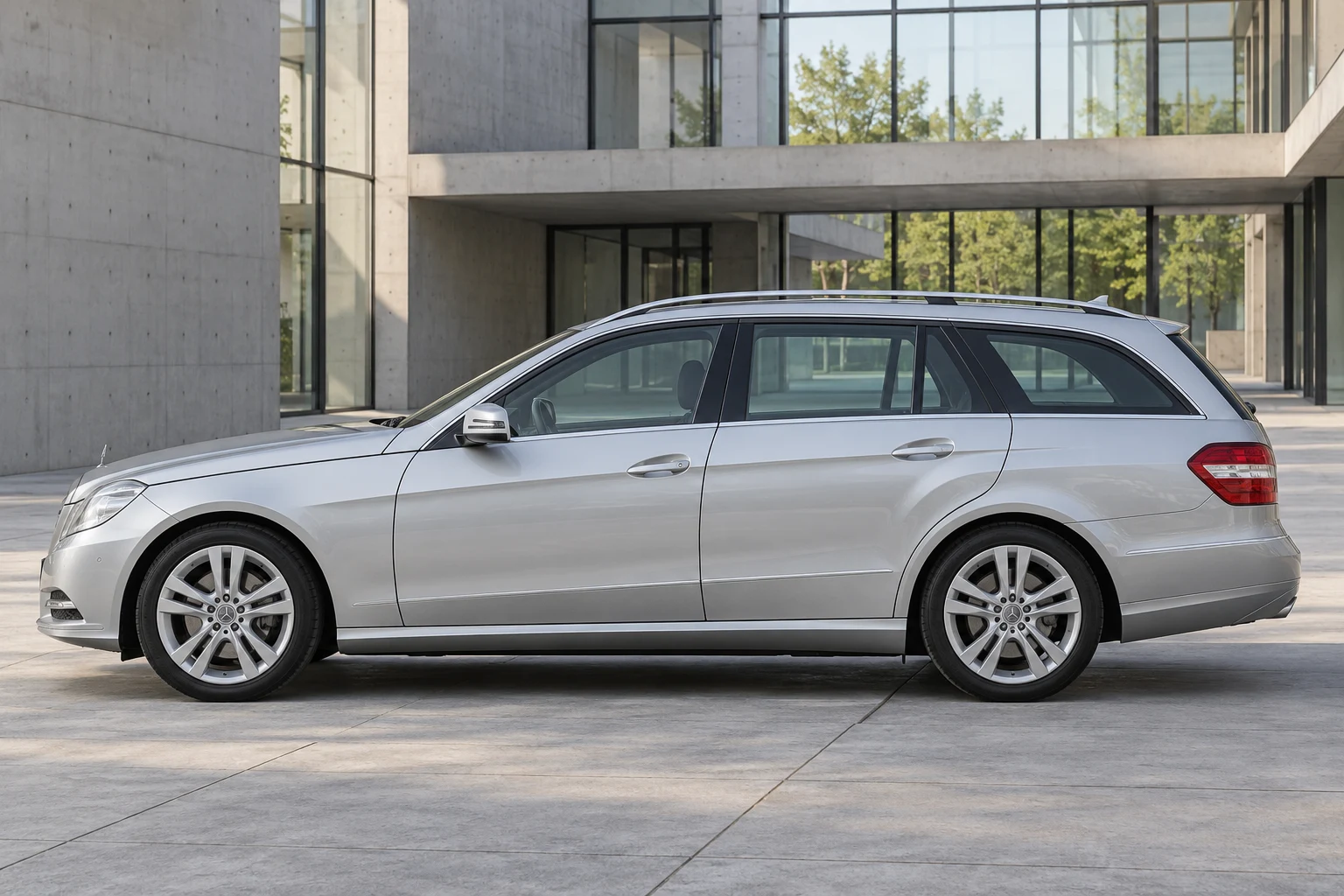 Seitenansicht (Fahrerseite) des Mercedes-Benz E-Klasse 4 als T-Modell Kombi (S212) (mit KI erzeugt)