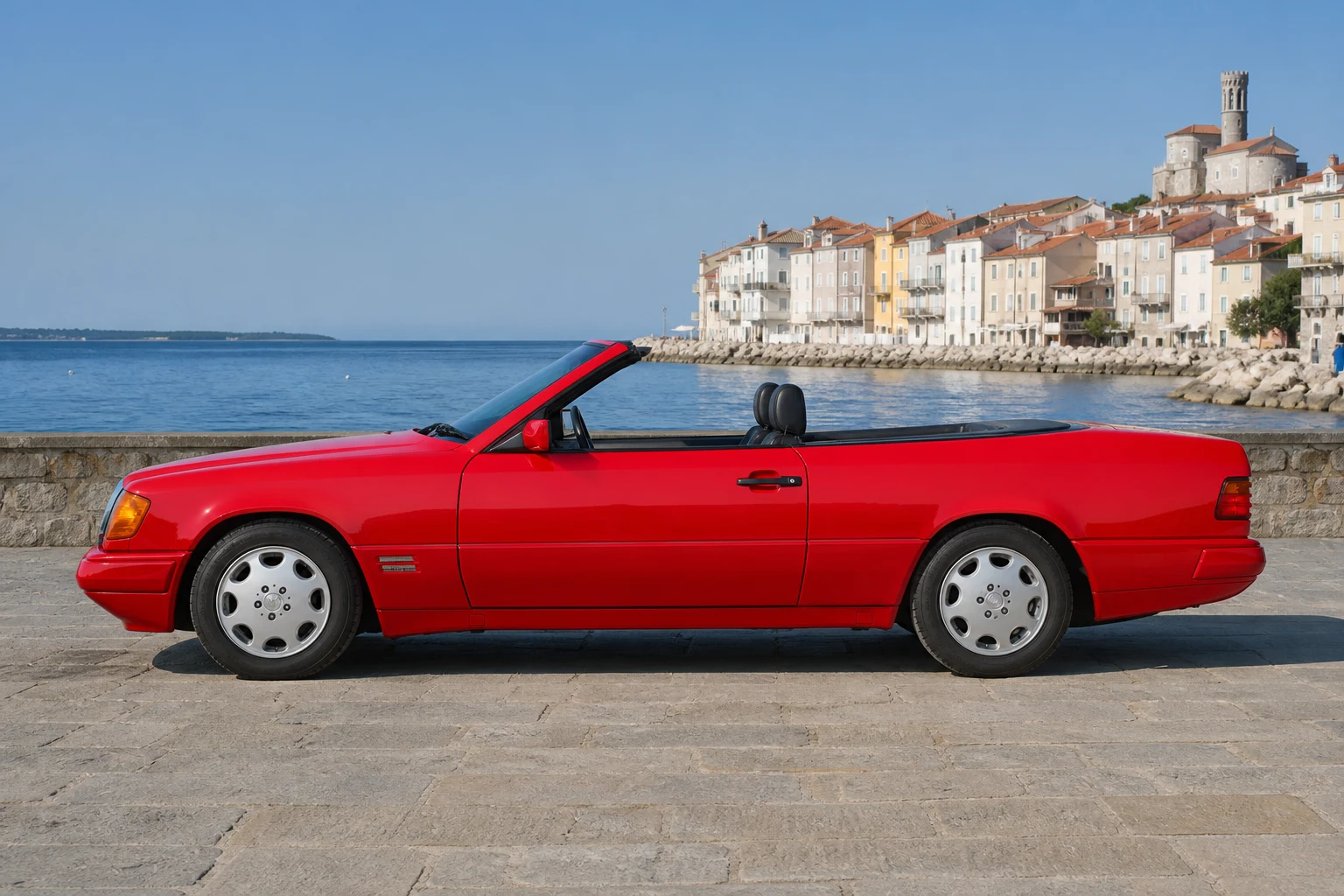 Seitenansicht (Fahrerseite) des Mercedes-Benz E-Klasse 1 als Cabriolet (A124) (mit KI erzeugt)