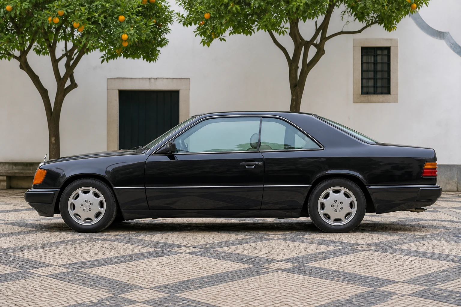 Seitenansicht (Fahrerseite) des Mercedes-Benz E-Klasse 1 als Coupé (C124) (mit KI erzeugt)