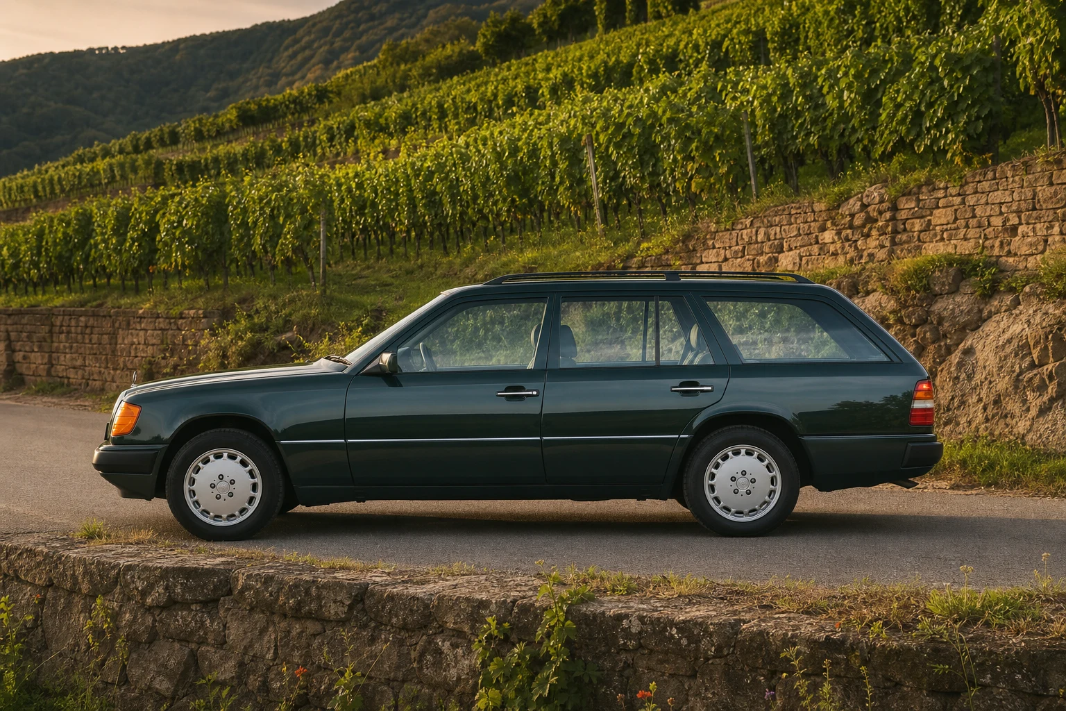 Seitenansicht (Fahrerseite) des Mercedes-Benz E-Klasse 1 als T-Modell Kombi (S124) (mit KI erzeugt)