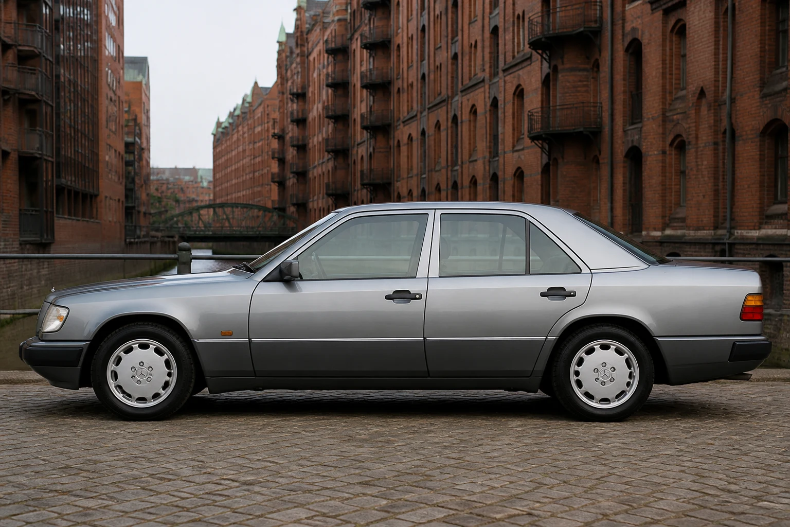 Seitenansicht (Fahrerseite) des Mercedes-Benz E-Klasse 1 als Limousine (W124) (mit KI erzeugt)