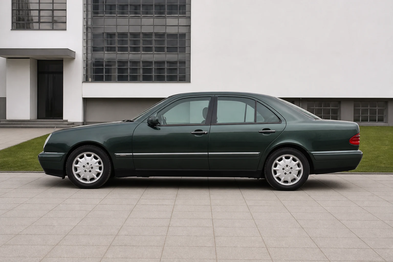 Seitenansicht (Fahrerseite) des Mercedes-Benz E-Klasse 2 als Limousine (W210) (mit KI erzeugt)