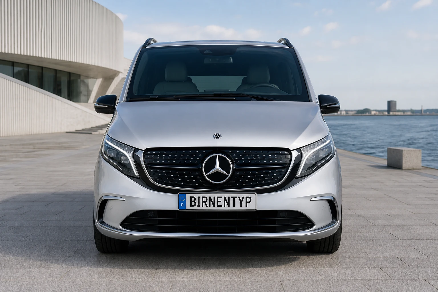 Frontansicht des Mercedes-Benz Vito/V-Klasse/Viano/Marco Polo 3 (EQV / eVito Tourer vollelektrisch (W447)) (mit KI erzeugt)
