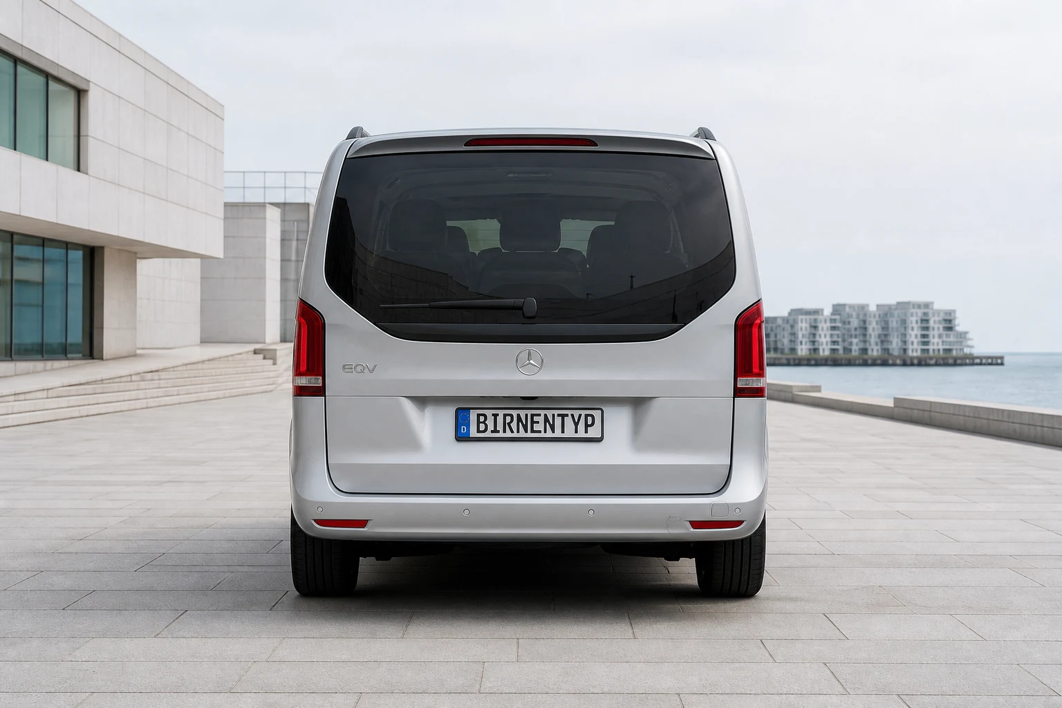 Heck-Ansicht des Mercedes-Benz Vito/V-Klasse/Viano/Marco Polo 3 (EQV / eVito Tourer vollelektrisch (W447)) (mit KI erzeugt)