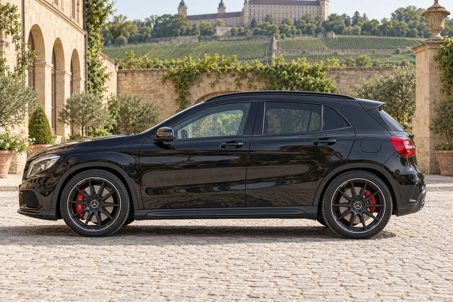 Seitenansicht (Fahrerseite) des Mercedes-Benz GLA 1 als Mercedes-AMG GLA 45 4MATIC (mit KI erzeugt)